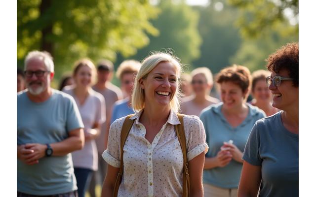 Lachende Gruppe von Erwachsenen in Berlin bei einem Treffen im Freien, die Verbundenheit und Freude ausstrahlen.