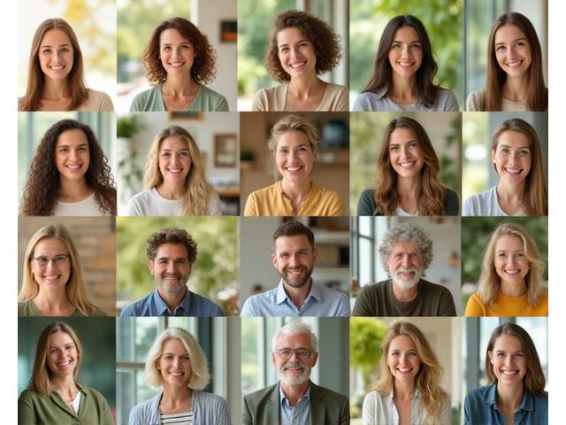 Mosaik aus lächelnden, unterschiedlichen Menschen, die Verbundenheit und Wellness ausstrahlen