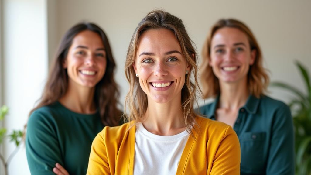 Drei lächelnde Wellness-Coaches in professioneller Umgebung, die Unterstützung und Fachwissen ausstrahlen.