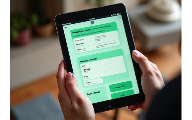 Hand, die einen Tablet-Bildschirm hält, auf dem eine freundliche App-Benutzeroberfläche mit Wellness-Community-Features und Social Icons zu sehen ist.