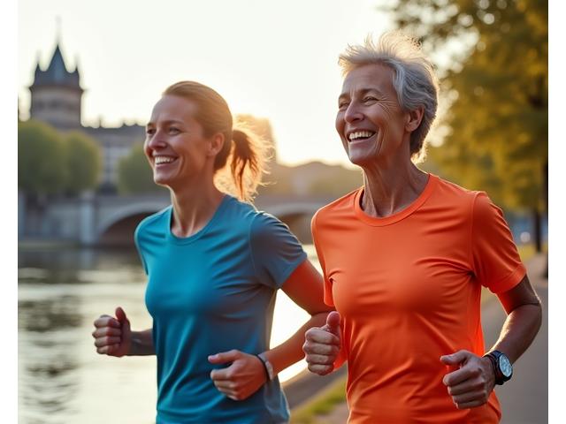 Paar lacht beim Joggen an der Spree