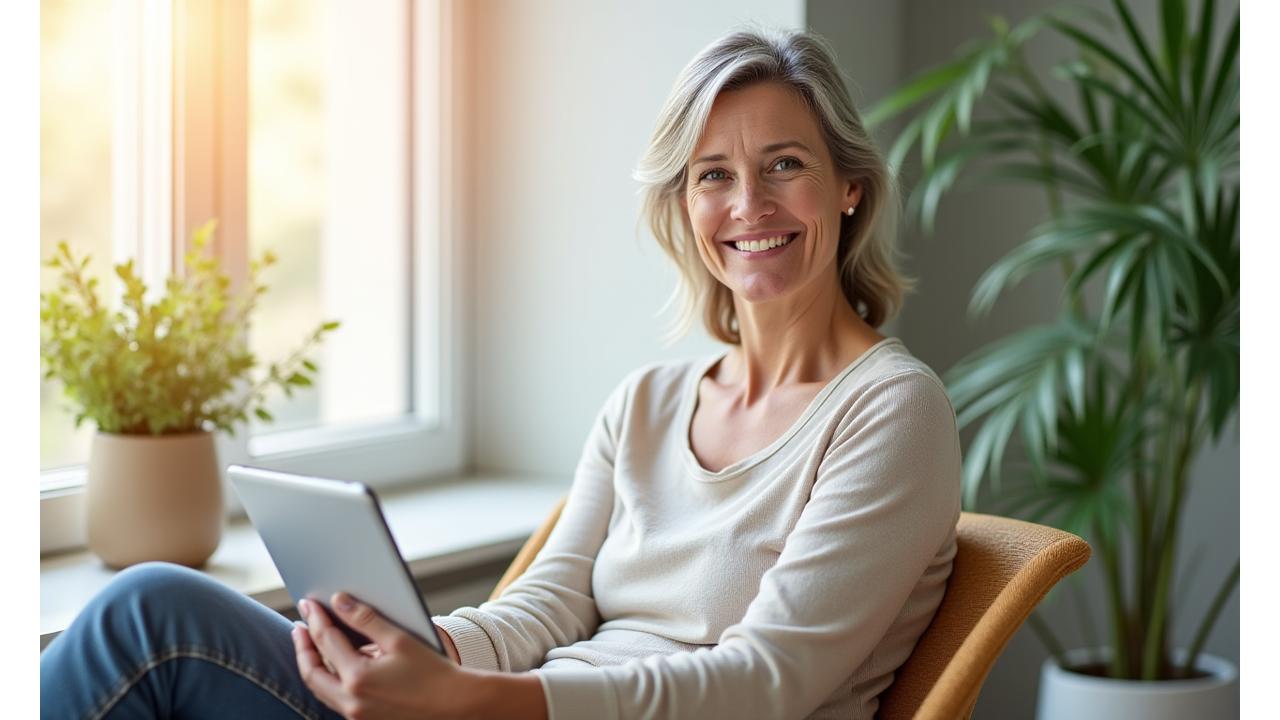 Frau in entspannter Haltung, die vor einem sonnigen Fenster sitzt und ein Tablet mit Lebenslust Koncepts Logo hält, symbolisiert den ersten Schritt zur Wellness.