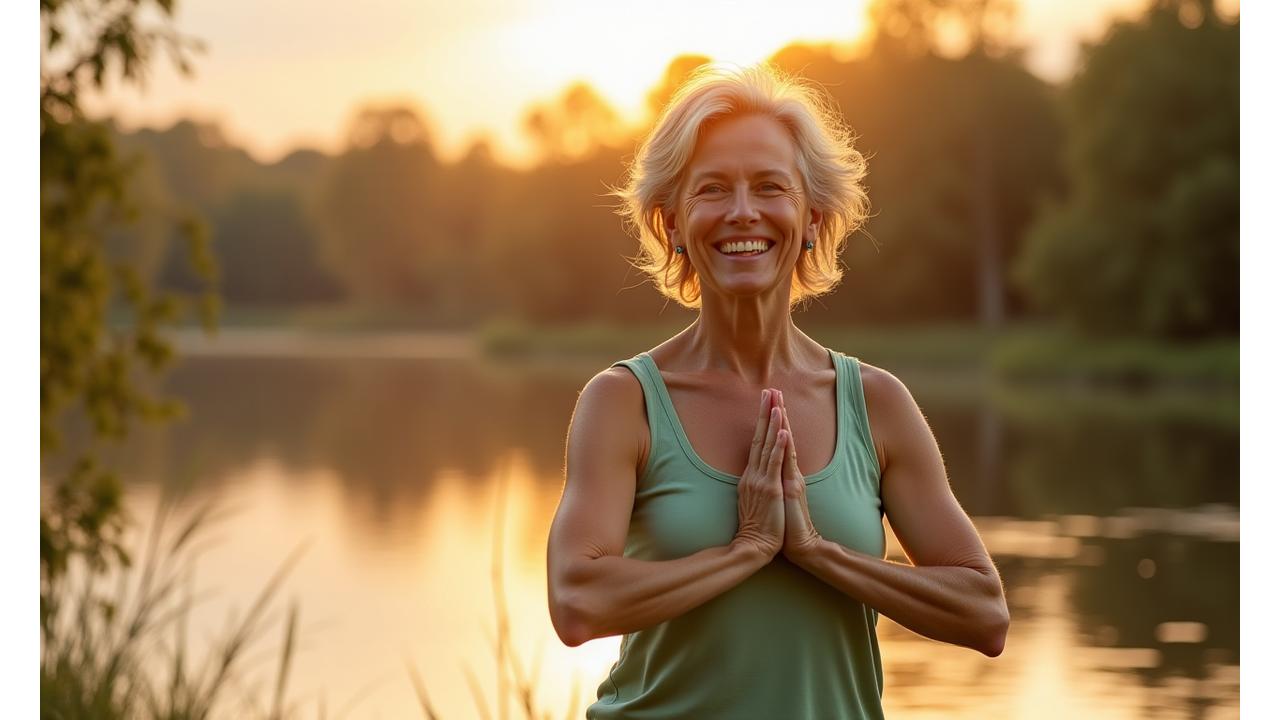 Eine lachende Frau mittleren Alters, die Yoga am Seeufer praktiziert, im Hintergrund beruhigende Natur.