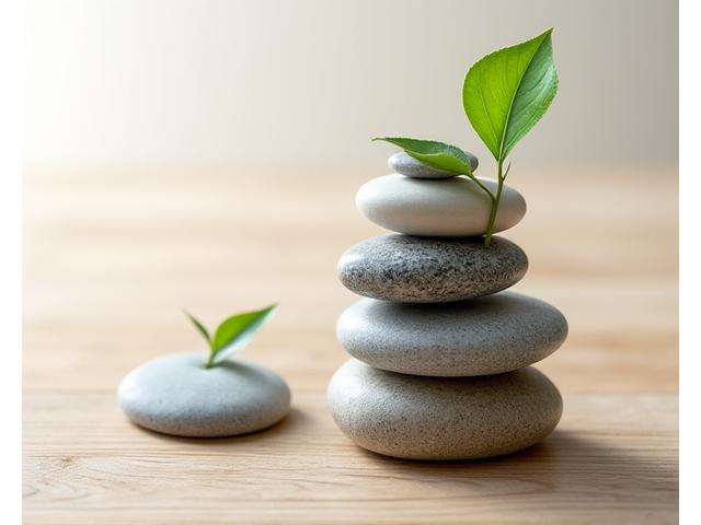 Eine Reihe von Meditationsteinen auf einem ruhigen Holzhintergrund, mit einem sanften Lichtschein.