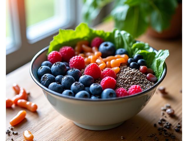 Eine Schüssel mit lebendigen Superfood-Beeren und Nüssen auf einem hölzernen Tisch.