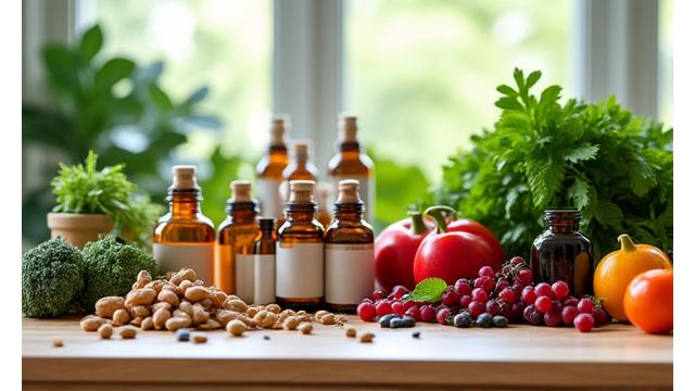 Vielfältige gesunde Lebensmittel und Supplements auf einem Holztisch