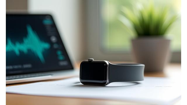 Smartwatch und andere Fitness-Tracker auf einem Holztisch