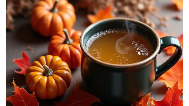 Kürbisse und Herbstlaub mit warmem Getränk