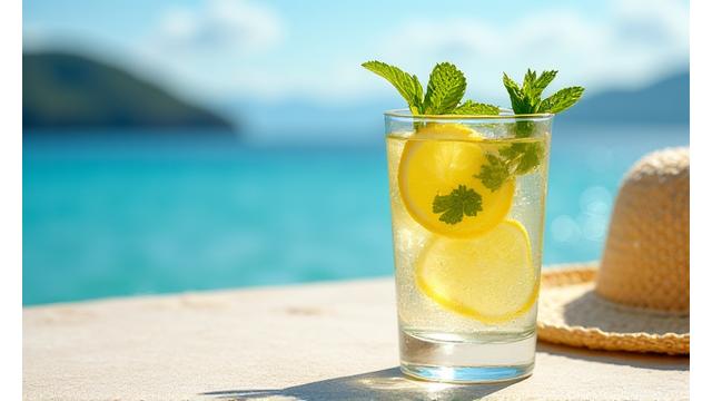 Glas Wasser mit Zitrone und Sonnenhut am Strand