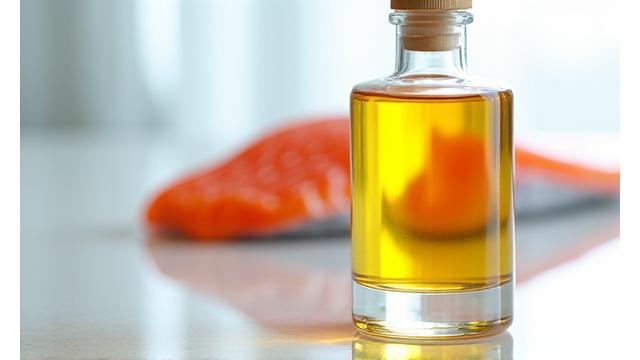 Flasche Premium Omega-3 Öl mit Lachs im Hintergrund