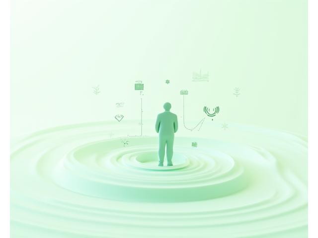 Illustration einer Person, die von digitalen Geräten und Informationsströmen umgeben ist, die Stress symbolisieren.