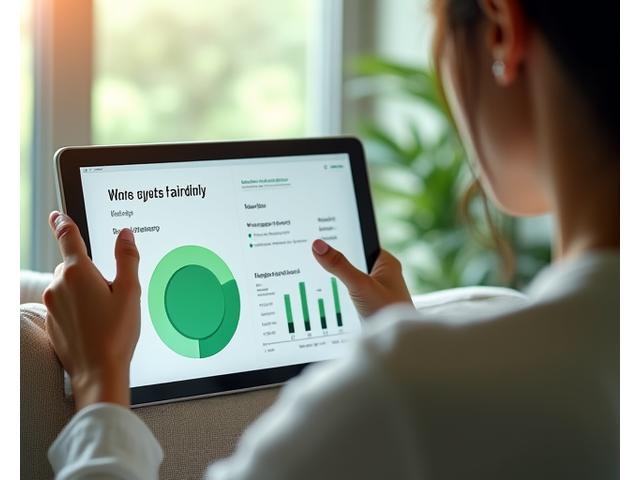 Eine Person, die ein Tablet hält und ein personalisiertes Wellness-Dashboard betrachtet, um ihren Fortschritt zu überwachen, umgeben von Elementen, die Analyse und Planung symbolisieren.