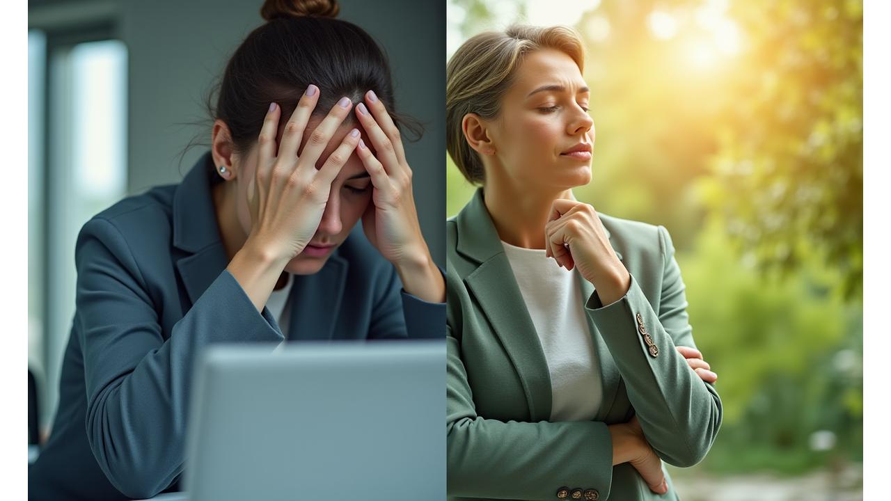 Eine geschäftige Person, die Anzeichen von Stress zeigt, daneben eine ruhige, ausgeglichene Person in einer entspannten Haltung, die Gelassenheit symbolisiert.