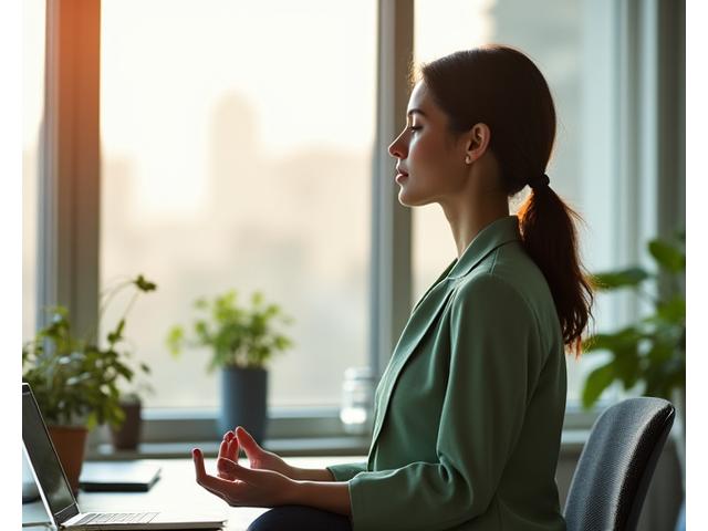 Eine ruhige Person in einem modernen Büroumfeld, die einen Moment der Achtsamkeit praktiziert, symbolisiert die Integration von Wellness am Arbeitsplatz.