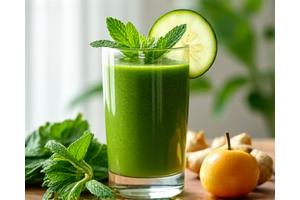 Ein Glas erfrischender grüner Smoothie mit frischen Zutaten, symbolisiert Entgiftung und Neuanfang.
