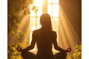 Eine Person meditiert im Freien bei Sonnenaufgang, symbolisiert Energie und Vitalität.